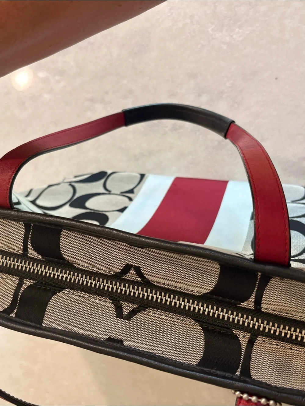 Coach Signature Stripe Tote Bag - Black, White & Red